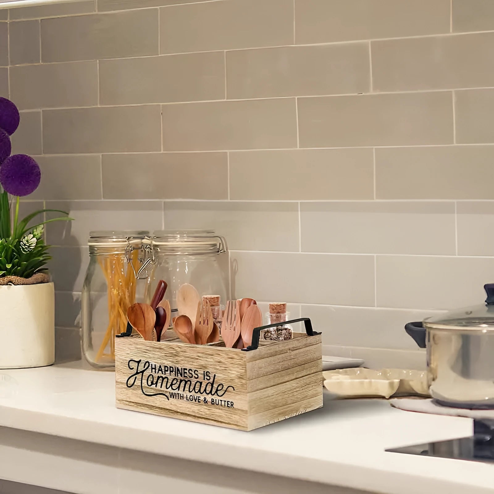 Wooden kitchen storage box with divider grid, modern minimalist design