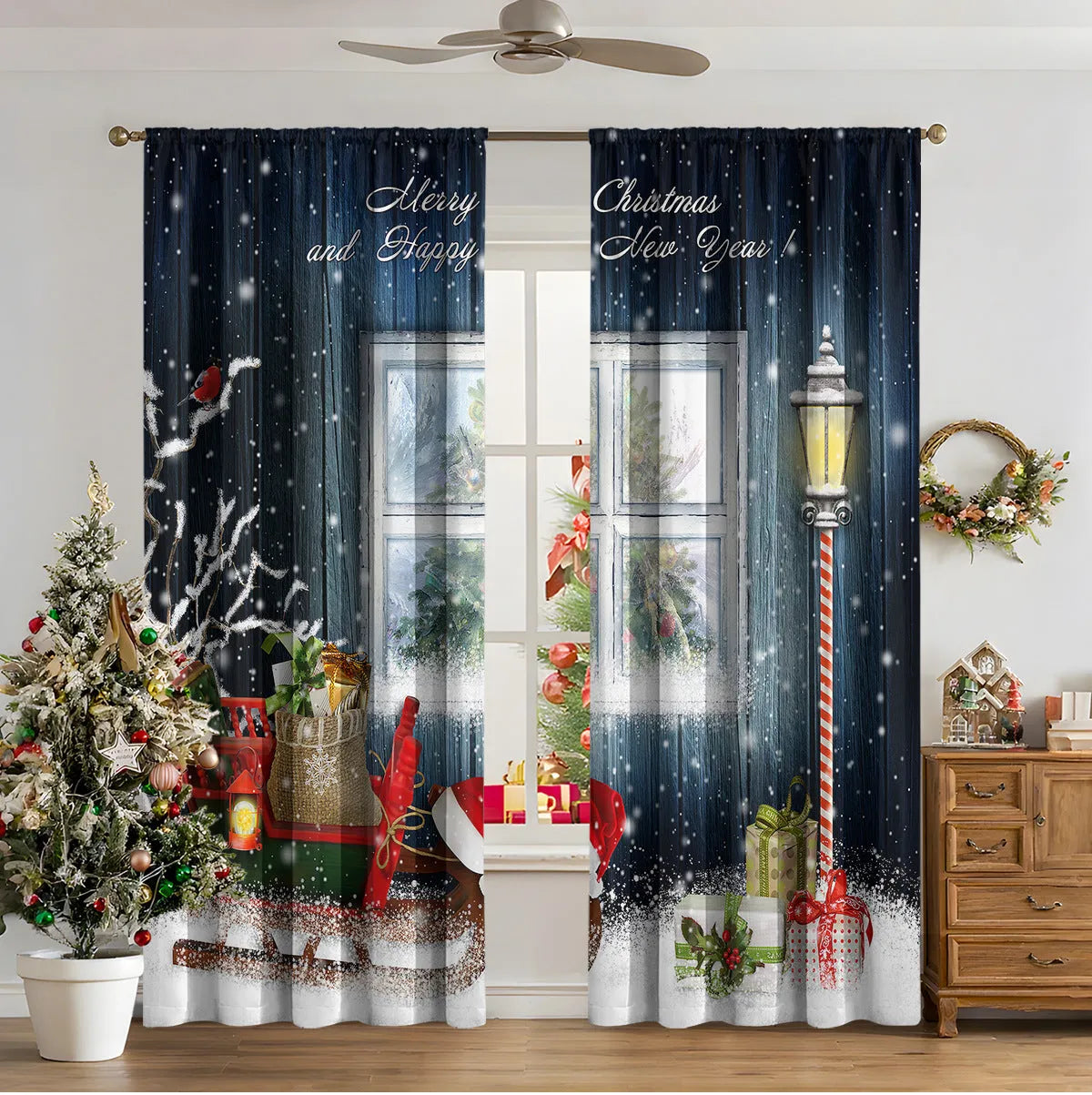 Set of two red and green 3D digitally printed Christmas theme curtains hanging on a window.