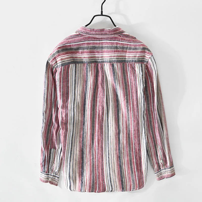Men's loose fit striped linen shirt in red, shown on a model.