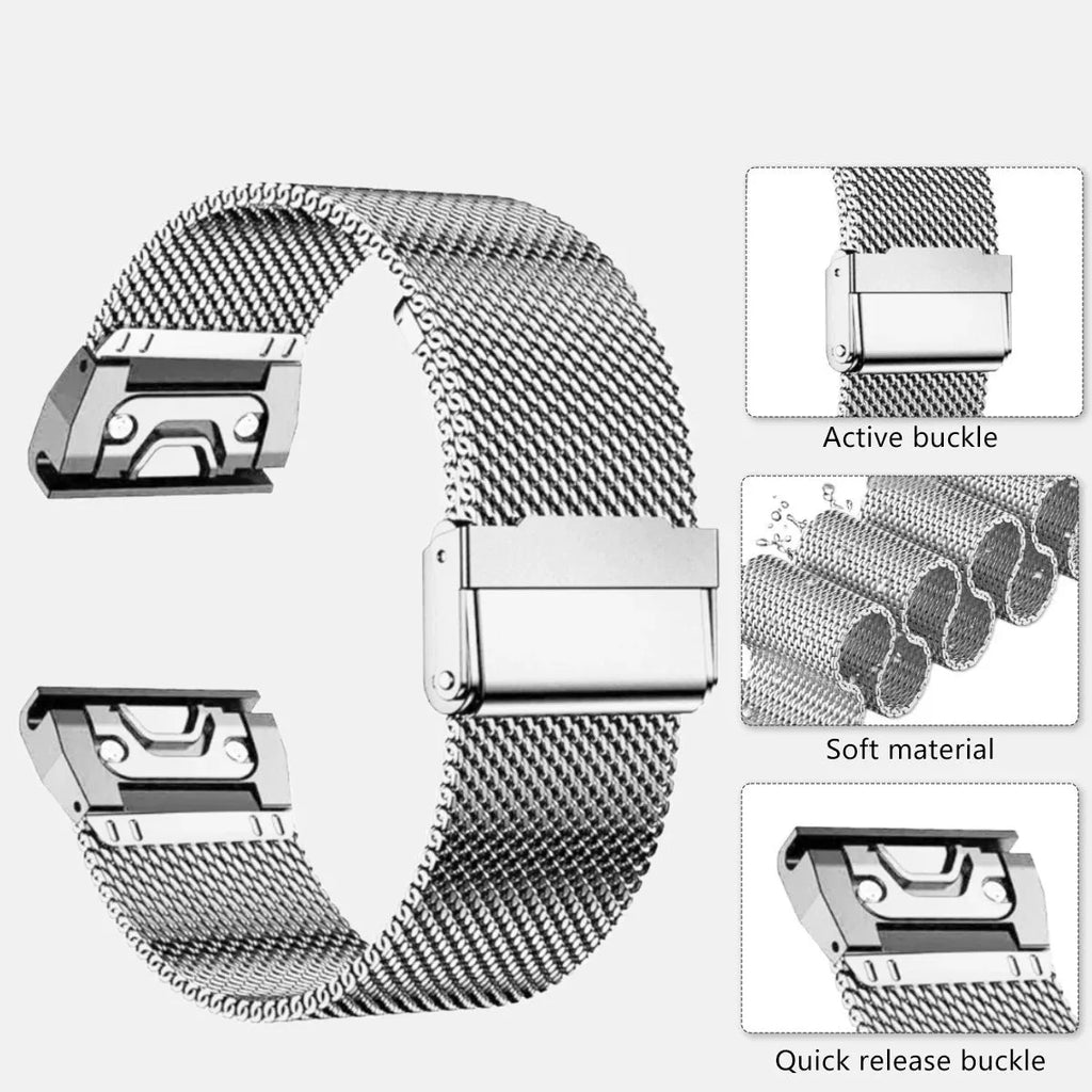 Stainless steel smartwatch strap for Garmin Fenix models in silver, black, gold, and rose gold colours