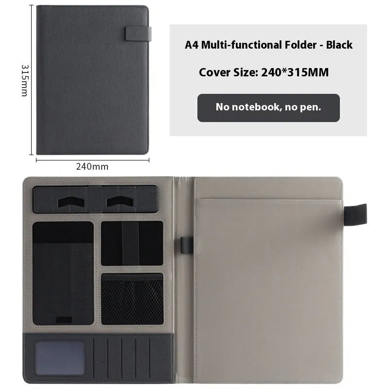 A4 leather business folder in black colour showing document storage and pen holder