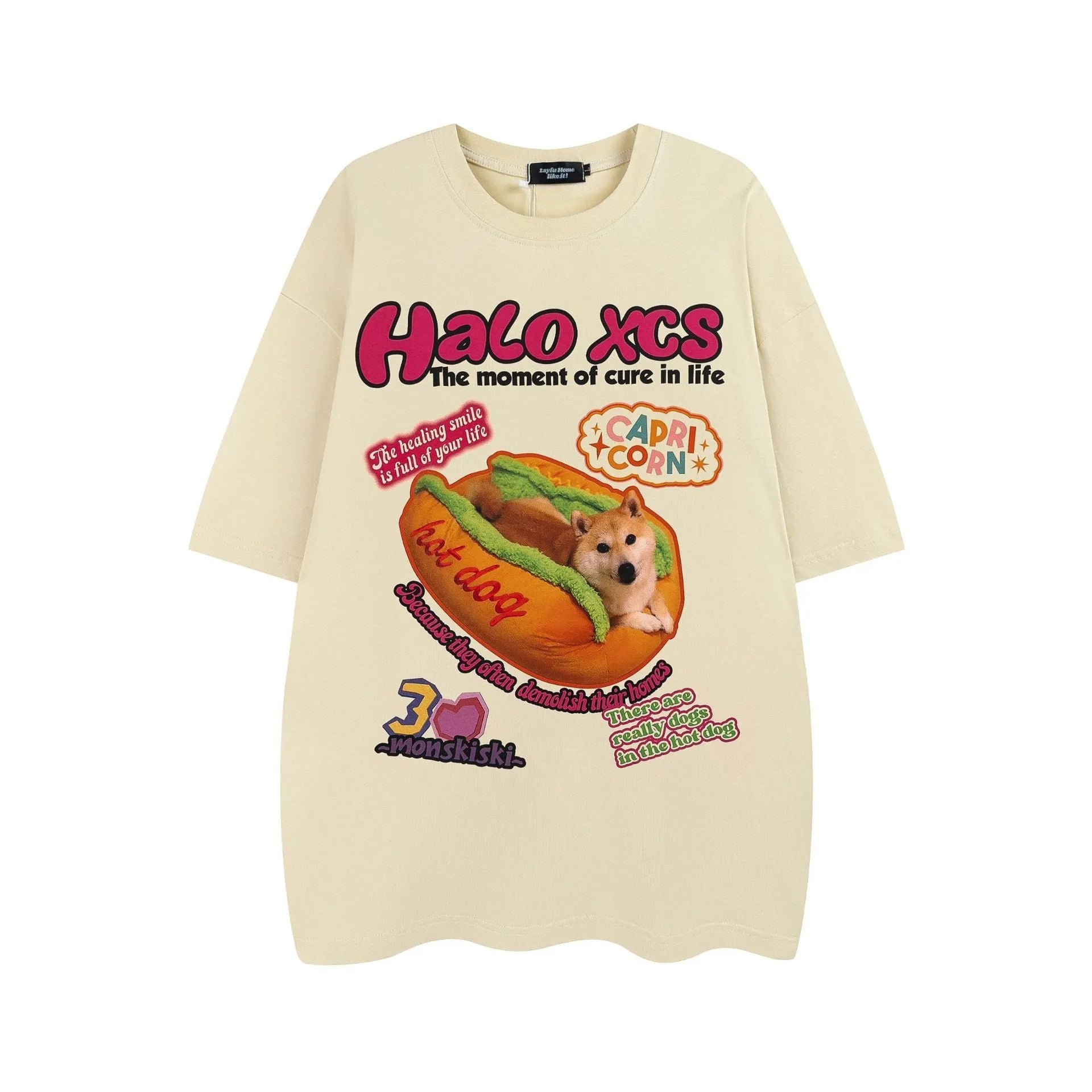 White short-sleeved cotton t-shirt with a cartoon hamburger dog graphic print, shown on a model.