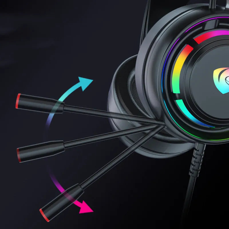 Black wired over-ear gaming headset with microphone and a long cable showing 3.5mm and USB plug options.