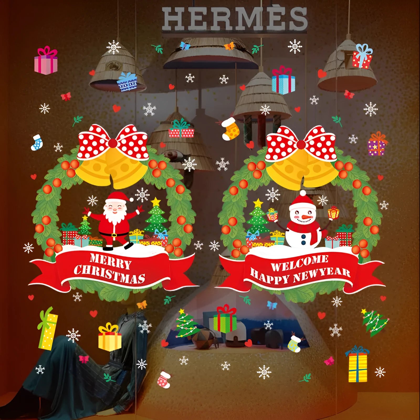 Two large 60x45cm Christmas cartoon electrostatic PVC wall stickers for bedroom decoration