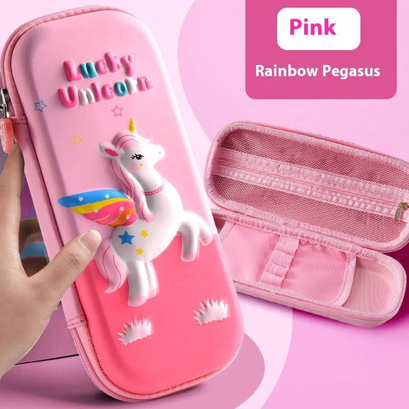 3D leather pencil case in a box shape showing one of the available design options such as a spaceship or unicorn