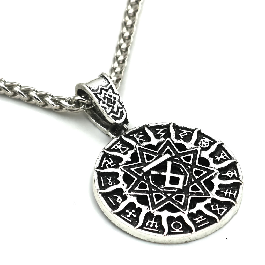 Lunavin ODing logo pendant necklace on snake bones chain with antique silver finish, adjustable 51-80cm.