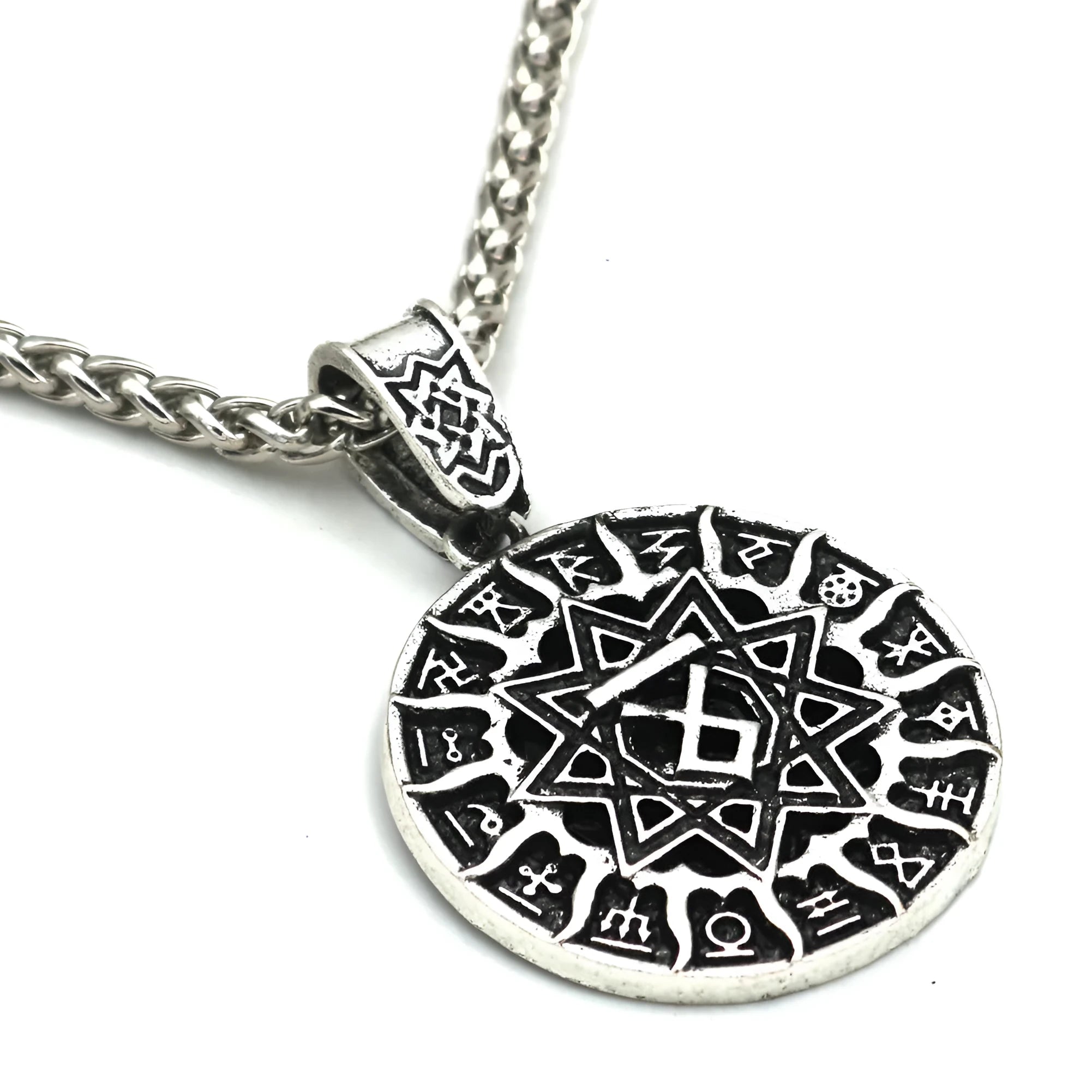 Lunavin ODing logo pendant necklace on snake bones chain with antique silver finish, adjustable 51-80cm.