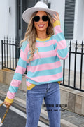 Women's loose fit acrylic flower pattern long sleeve sweater in blue colour with round neckline