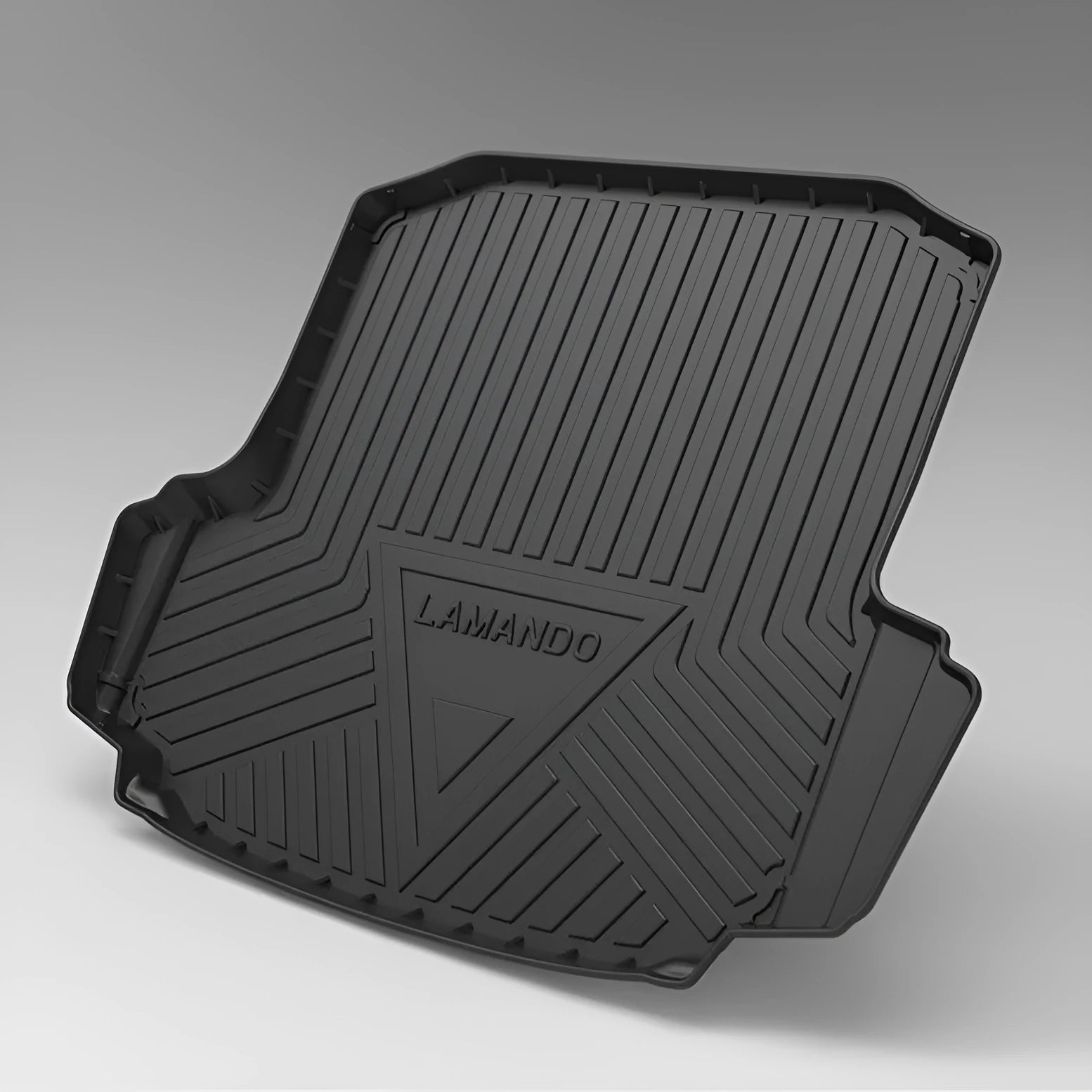 Black TPE car boot liner with carbon fibre pattern texture.