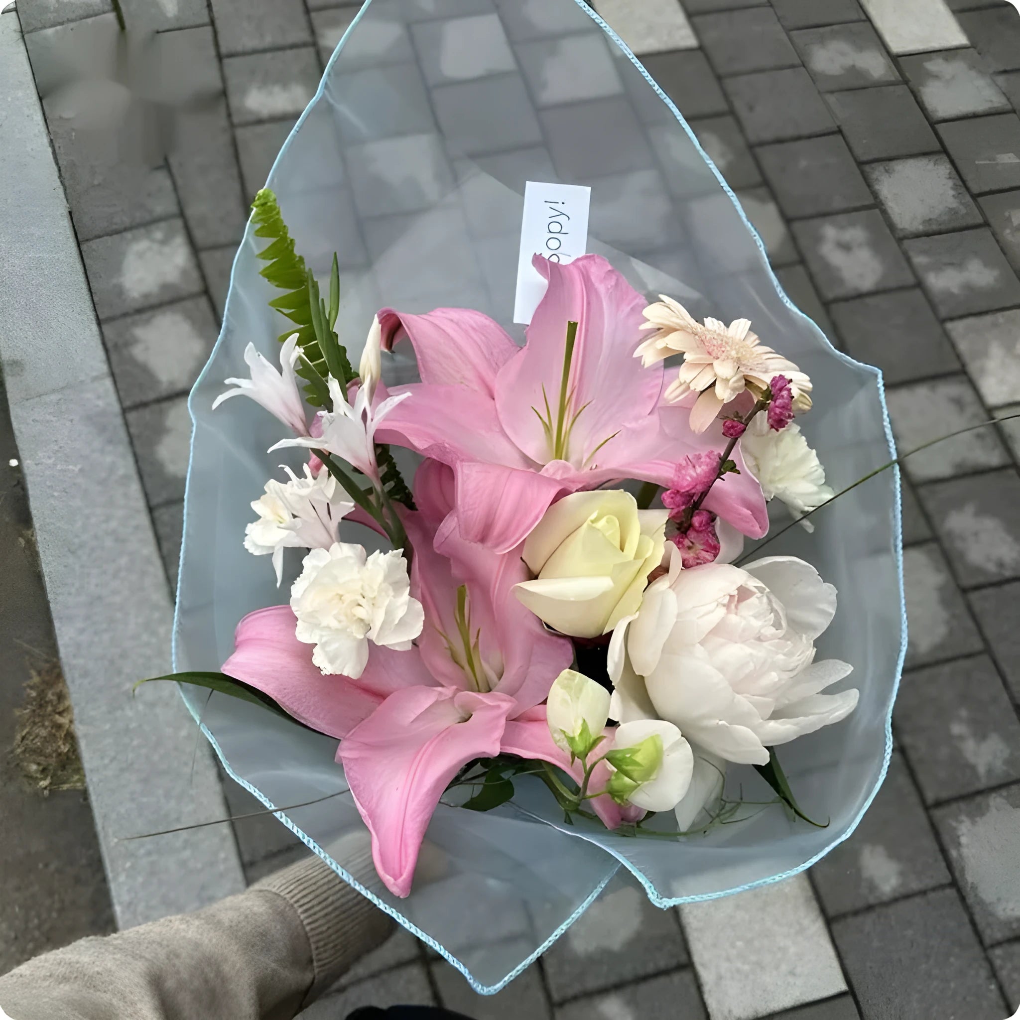 Silk fabric flower bouquet bags in five colours with Arabesquitic pattern, 60cm square size
