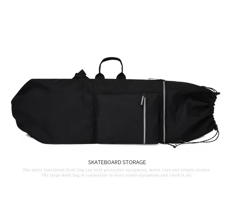 Waterproof nylon skateboard carry bag with 20-35 litre capacity in black camouflage colours