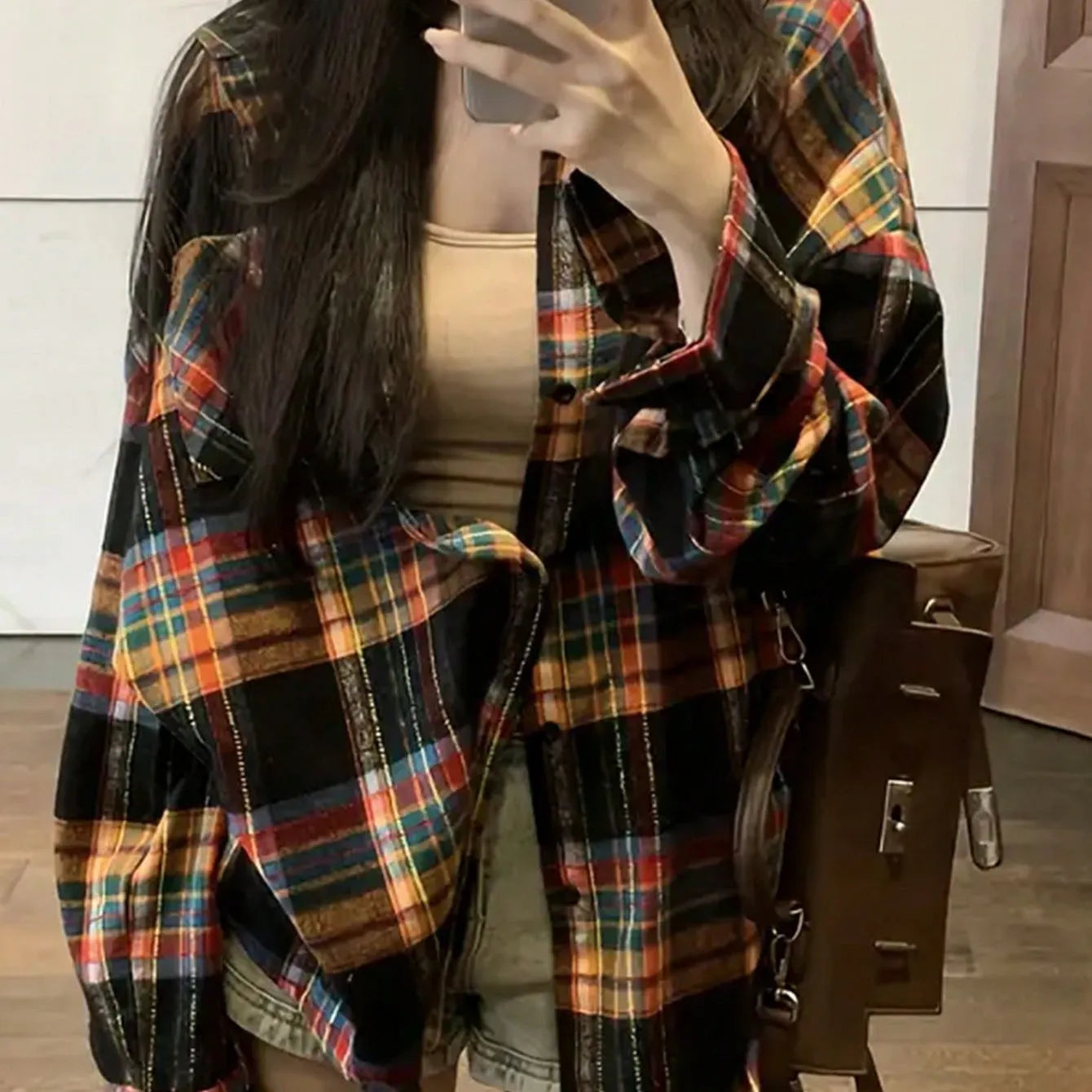 Women's loose casual plaid shirt in cotton available in black, green and purple colours