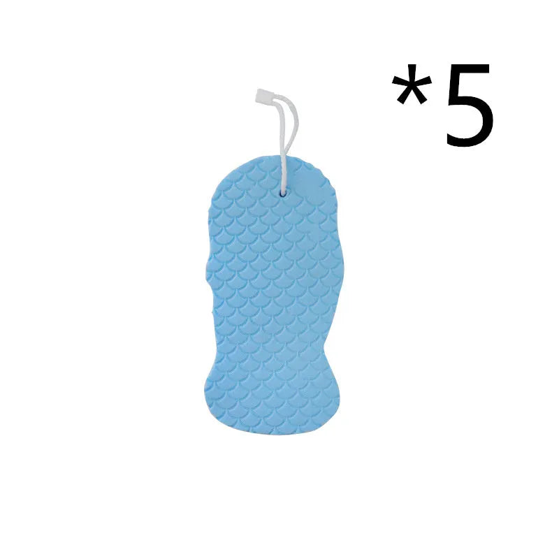 3D bath sponge ball with fish scale texture in white, grey, pink, and light blue colours