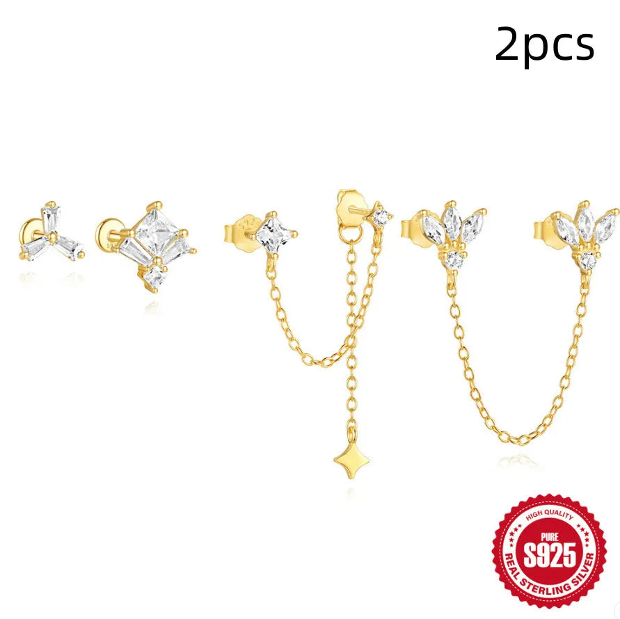 S925 sterling silver geometric chain stud earrings with inlaid zircon for double piercings in golden colour.