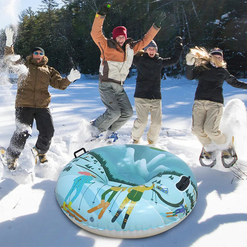 PVC winter ski ring toy in three colour options: snow mountain, ice-snow blue, and flame red designs