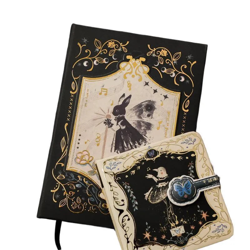 A5 hardcover notebook with gothic retro art cover, open to show 40g wood pulp paper.