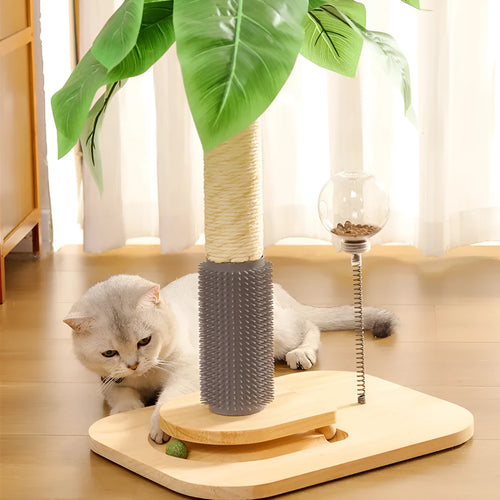 Vertical wooden cat scratching post with canna colour finish and food drop ball