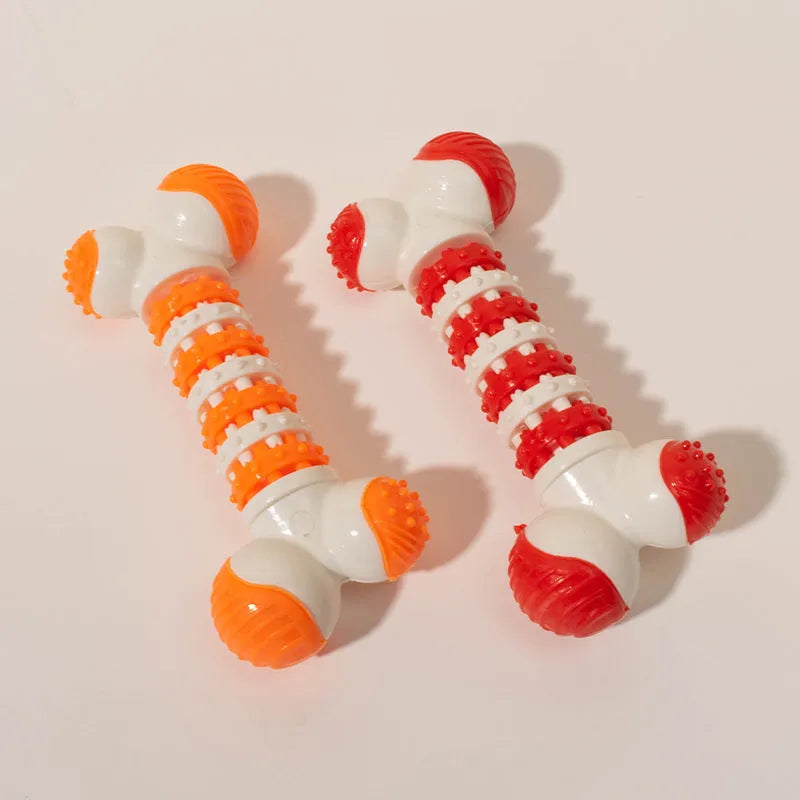 Small blue bone-shaped dog toy with textured chewable ends and central treat compartment