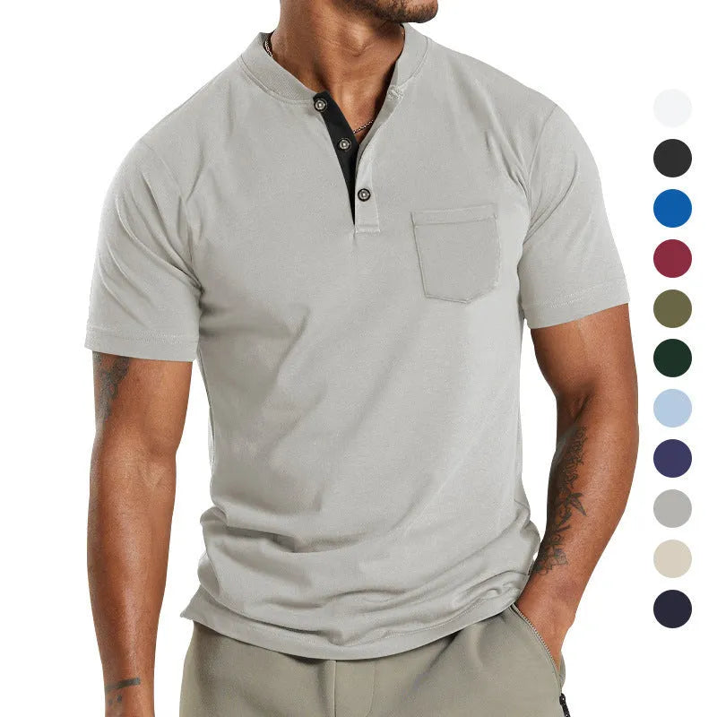 A man wearing a solid-colour plus size short sleeve button-up shirt with a chest pocket.