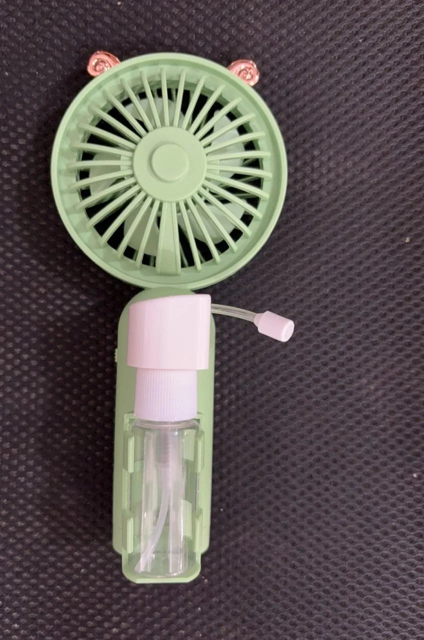 Colourful plastic USB rechargeable personal fan shown in apricot, blue, green, orange, and pink nozzle options.