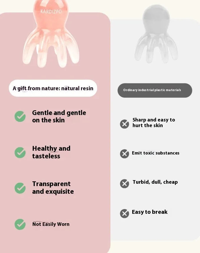 Pink natural resin octopus-shaped massage comb for face and scalp with storage bag