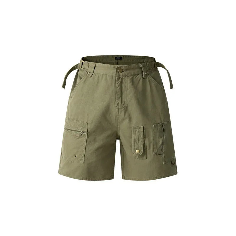 Retro washed cotton workwear shorts with half elastic waistband in loose fit
