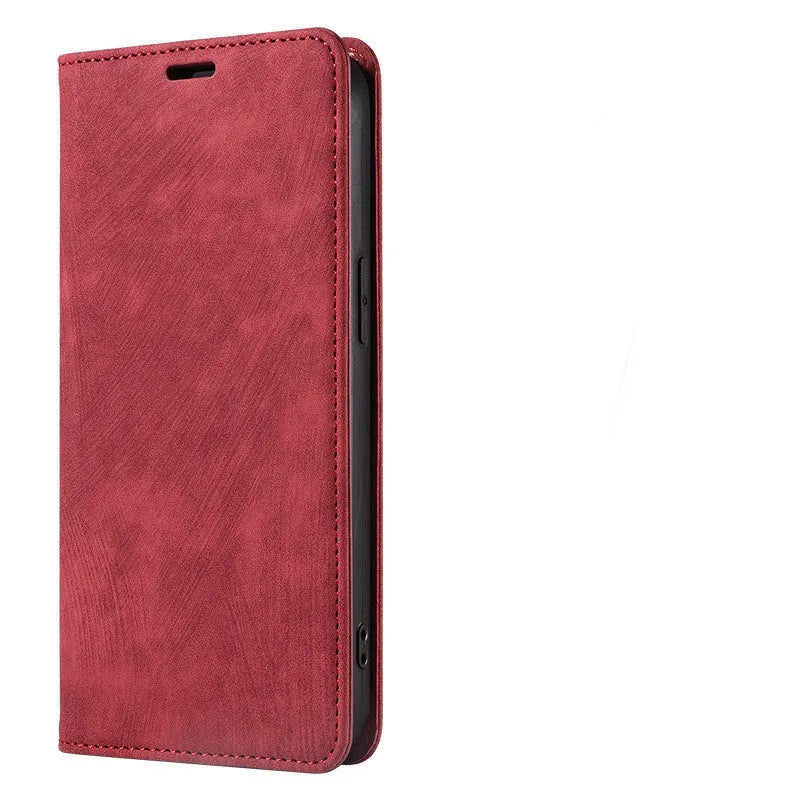 Magnetic flip leather phone case for iPhone shown in grey colour, displaying front cover closed.