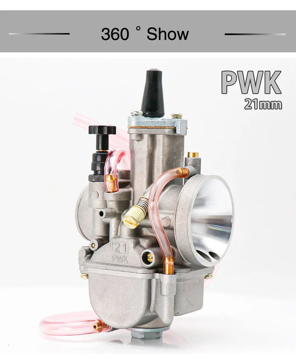 Sandblasted PWK motorcycle carburetor kit with size options from 21mm to 34mm bore.