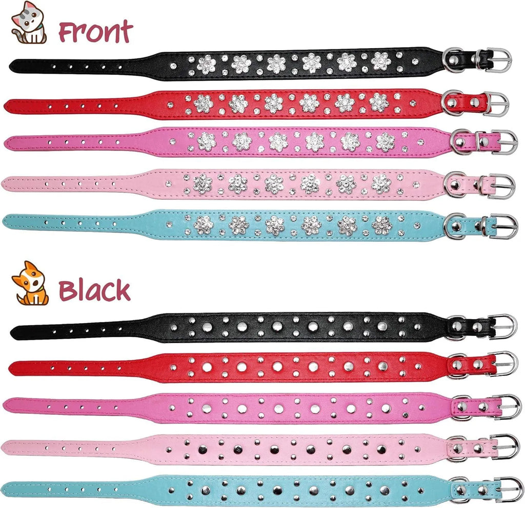 Black PU leather dog collar with rhinestone flower pattern and metal D-ring on a small dog.