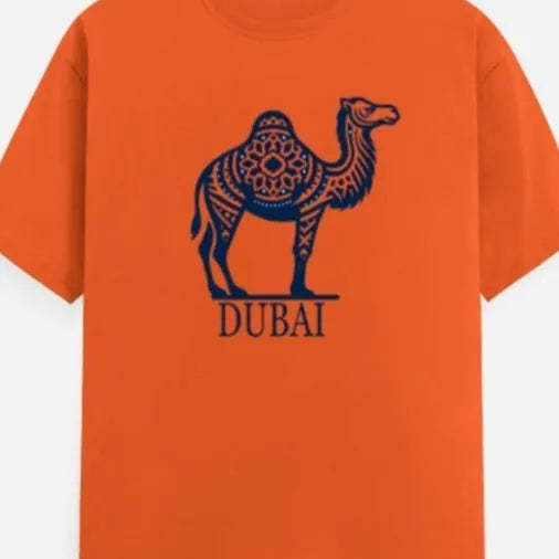Orange loose-fit short-sleeve cotton T-shirt on a hanger, showing round neckline.