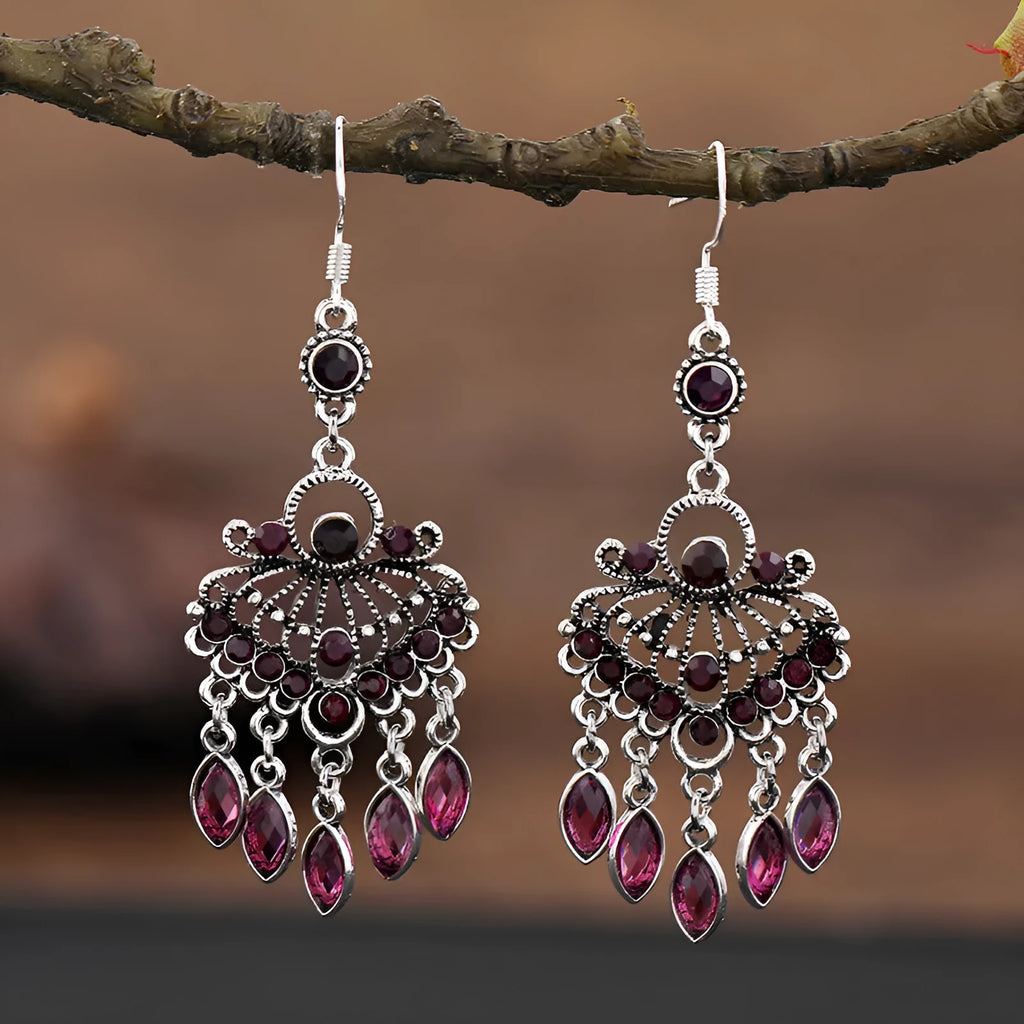 Purple retro drop earrings with dangling crystal fringe elements and ethnic style detailing