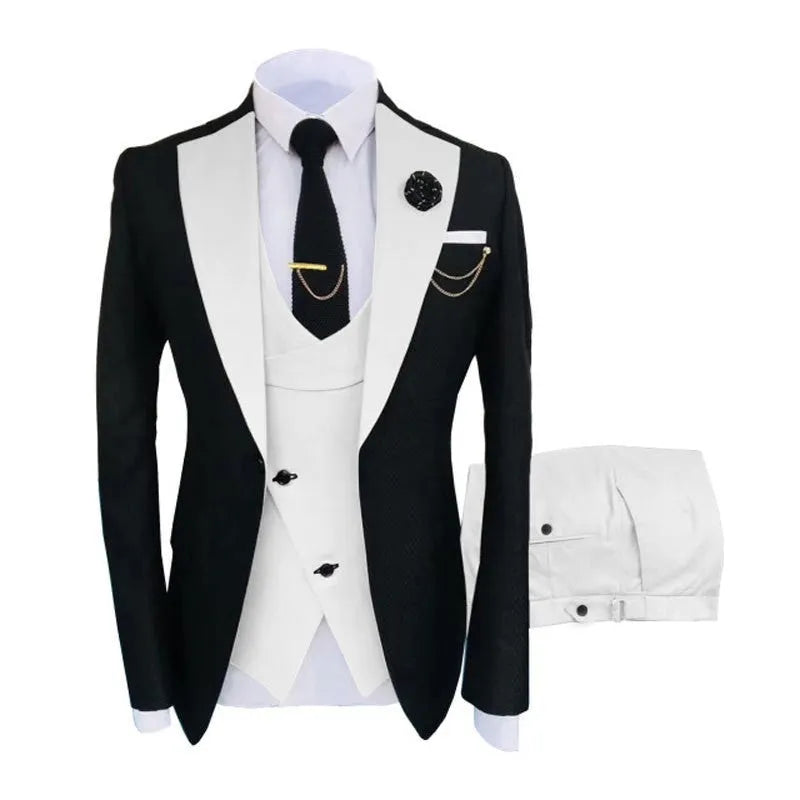 Men's black slim fit three-piece cotton suit with vest for weddings.