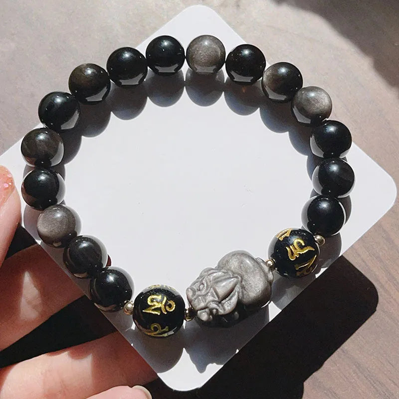 Silverstone beaded bracelet for men with engraved Six Words Proverbs, Chinese style design.