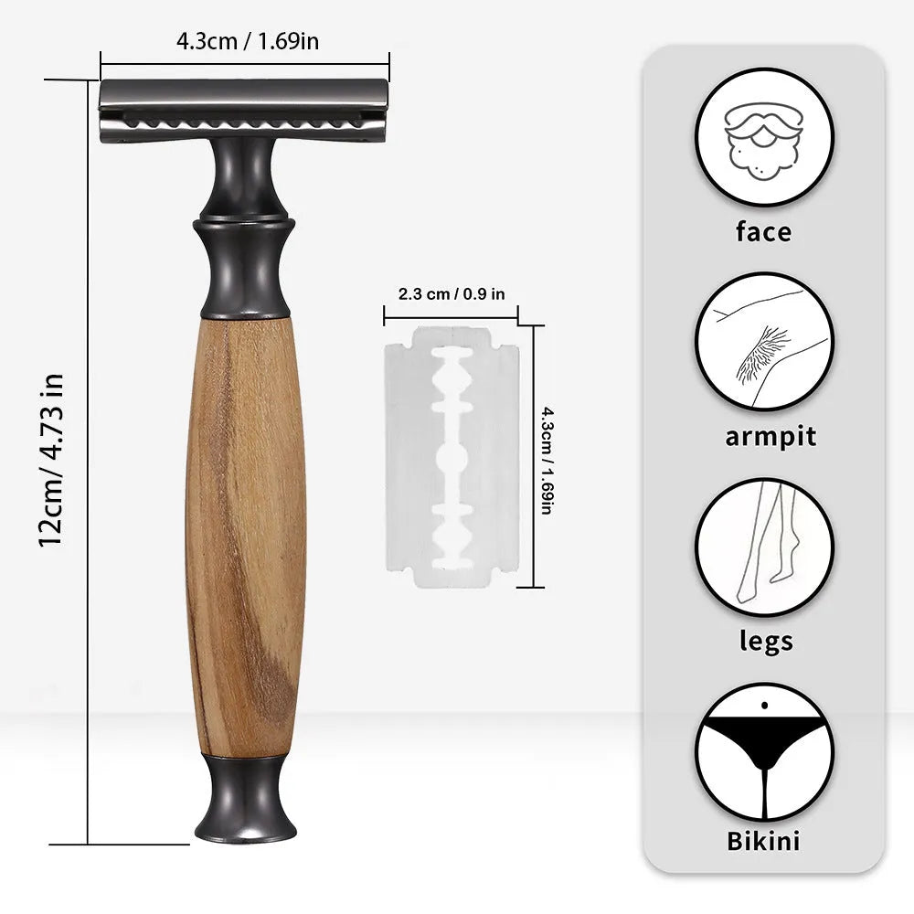 Copper safety razor with olive wood handle next to aluminium alloy blade holder and blades
