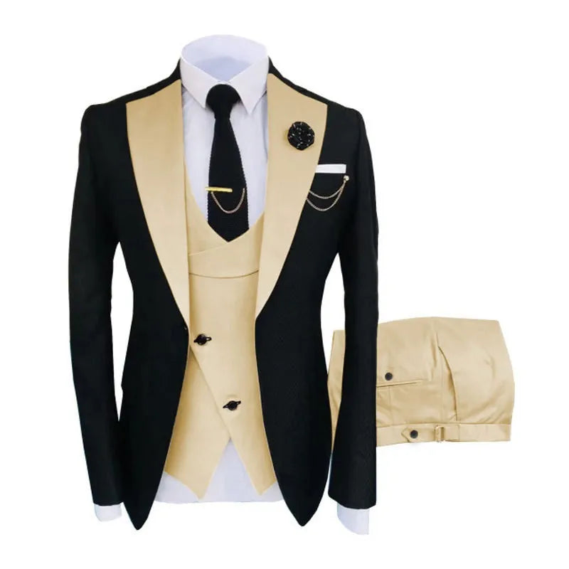 Men's black slim fit three-piece cotton suit with vest for weddings.