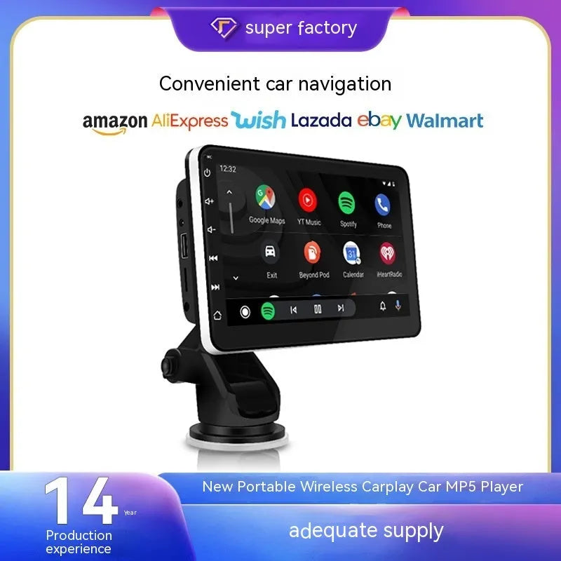 7-inch car GPS navigation unit with wireless CarPlay and reversing camera display on universal dashboard mount