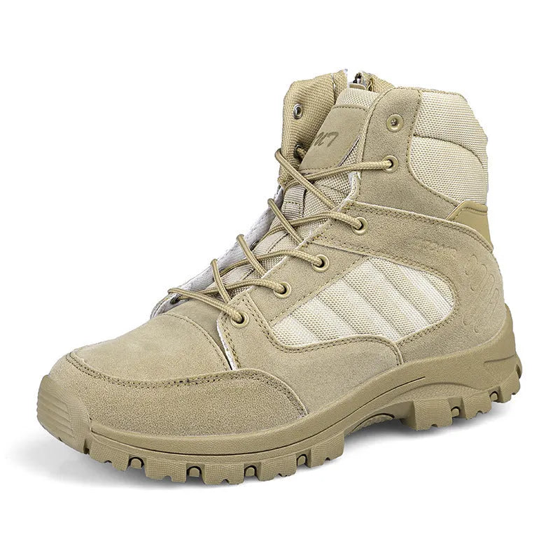Men's black high-top hiking shoes with artificial PU upper and metal details on a natural background.