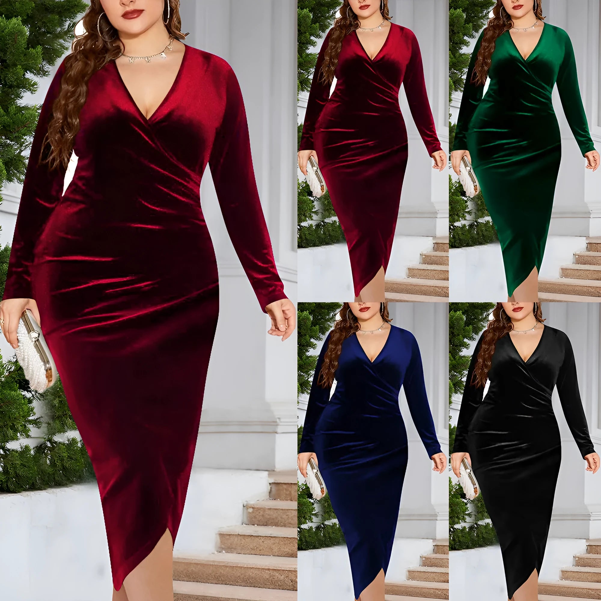 Women's red V-neck long sleeve dress on a hanger, showing the regular sleeve and classic neckline design.