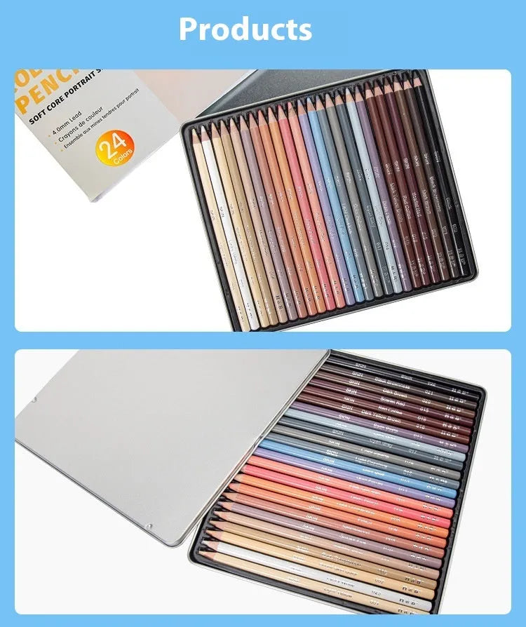 24-colour skin tone portrait pencil set in round iron storage case for hand-painted artwork