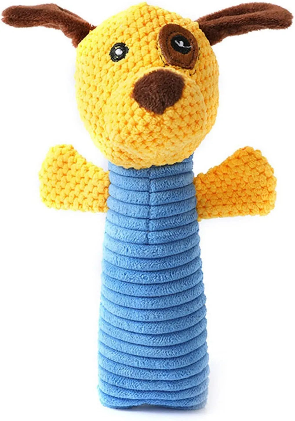 Soft plush dog chew toy in animal shape with squeaker, shown with size scale.