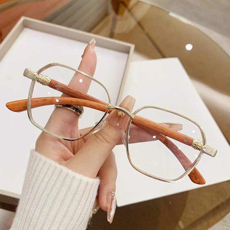 Women's frameless glasses with gold alloy wood grain frame and coloured lenses