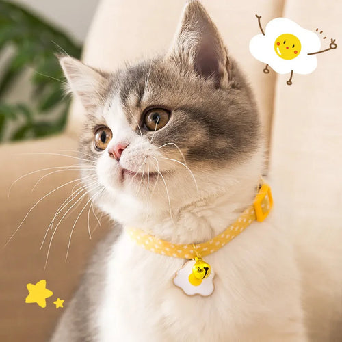 Green adjustable pet collar with a metal bell and a pink bow tie attached, shown on a small dog.