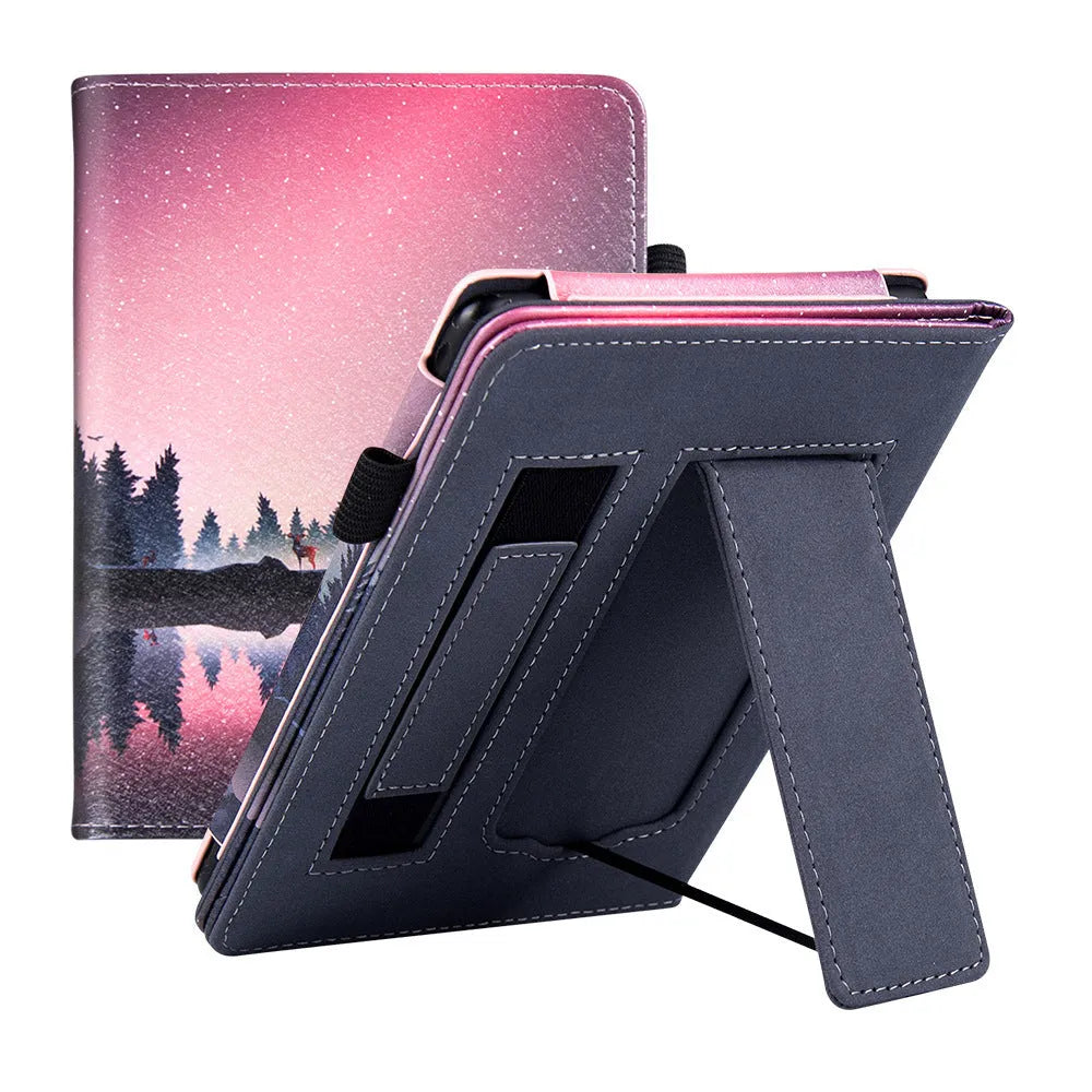 Kindle Paperwhite 5 leather case showing hand strap bracket and magnetic closure in a choice of colours and designs.
