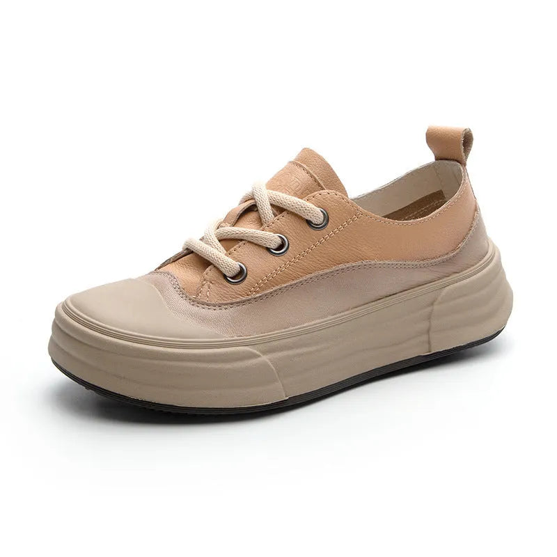 Women's leather platform sneakers in matcha, purple, or orange with round toe and lace-up front