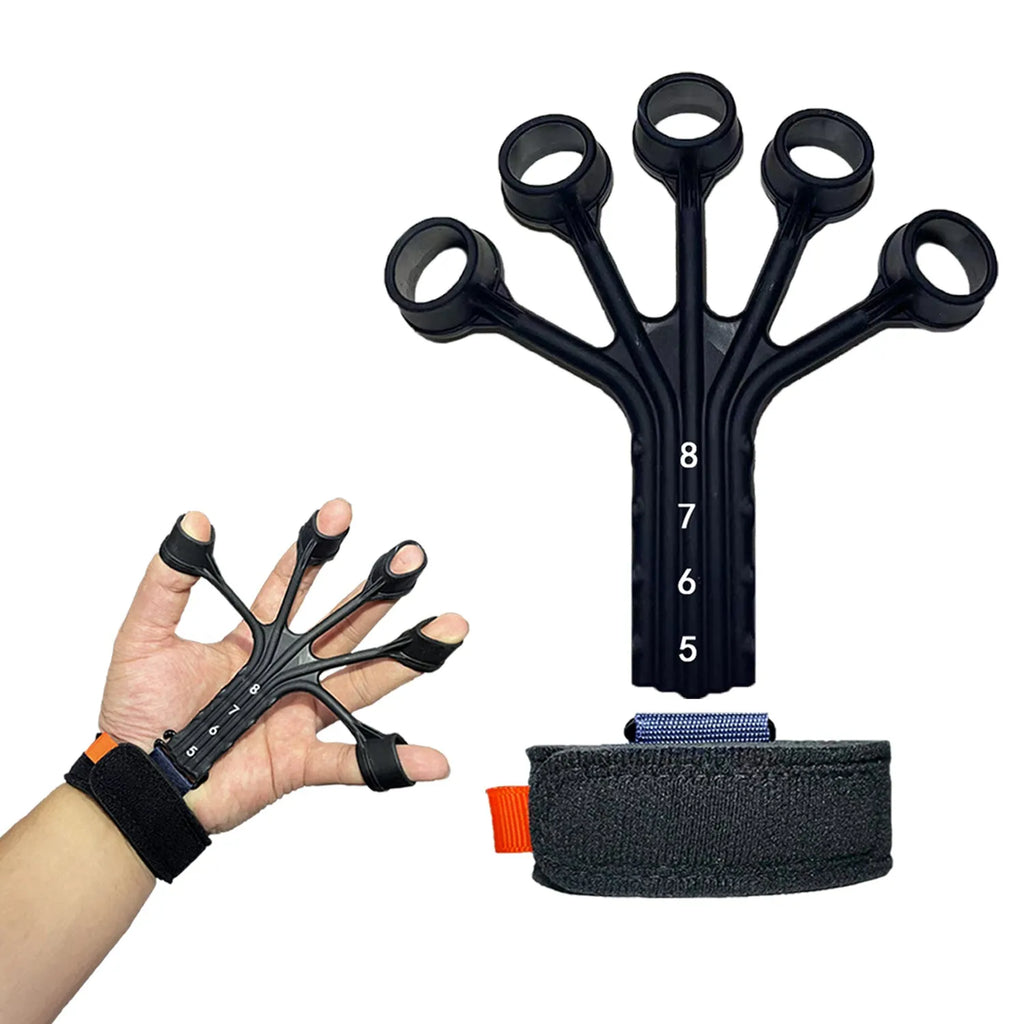 Black or grey silicone finger flexion and extension trainer with adjusting belt for adult hand rehabilitation