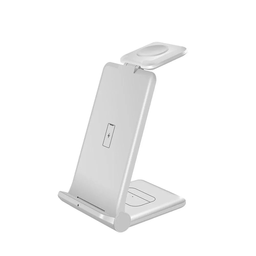 Black foldable 3-in-1 wireless charging station showing phone, Apple Watch and AirPods charging simultaneously.