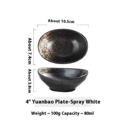 Japanese ceramic oval sauce dipping bowl with traditional underglaze pattern on white background