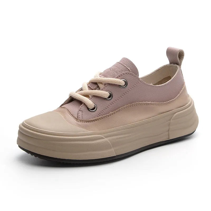 Women's leather platform sneakers in matcha, purple, or orange with round toe and lace-up front
