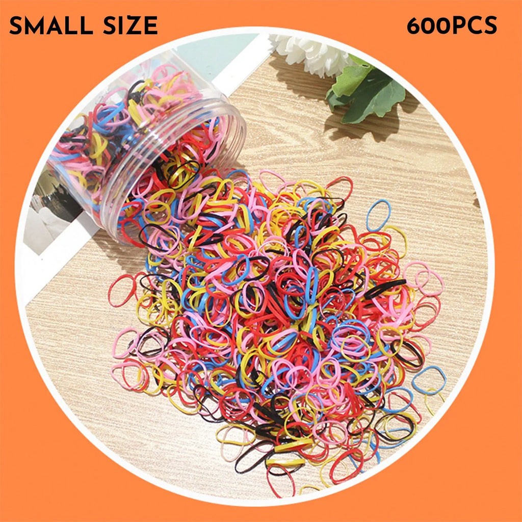 Pack of multicoloured thin TPU baby hair ties stored in a clear reusable plastic container.