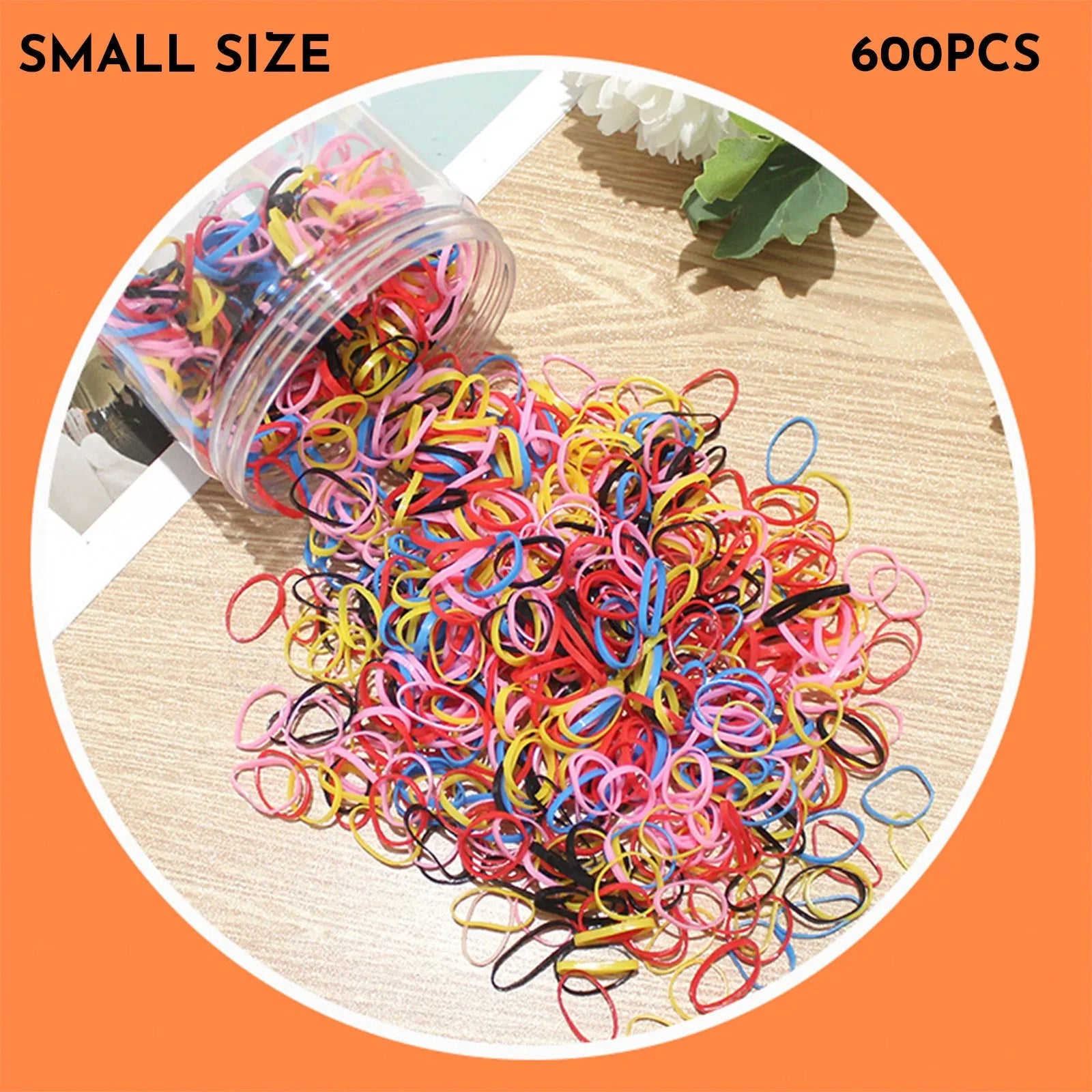 Pack of multicoloured thin TPU baby hair ties stored in a clear reusable plastic container.